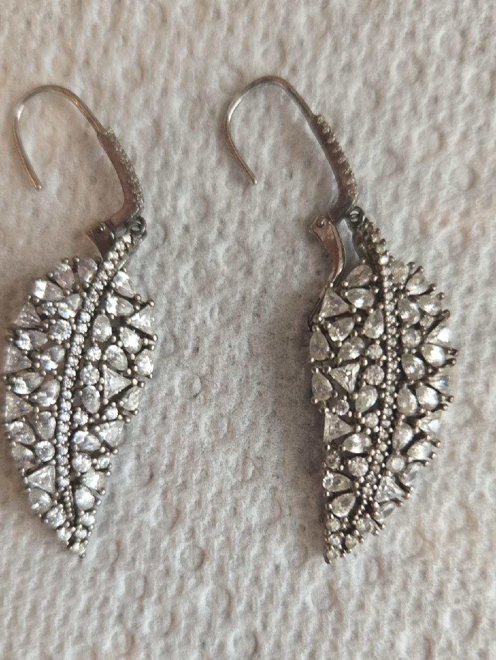 Sterling Rhinestone Leaf Leverback Earrings